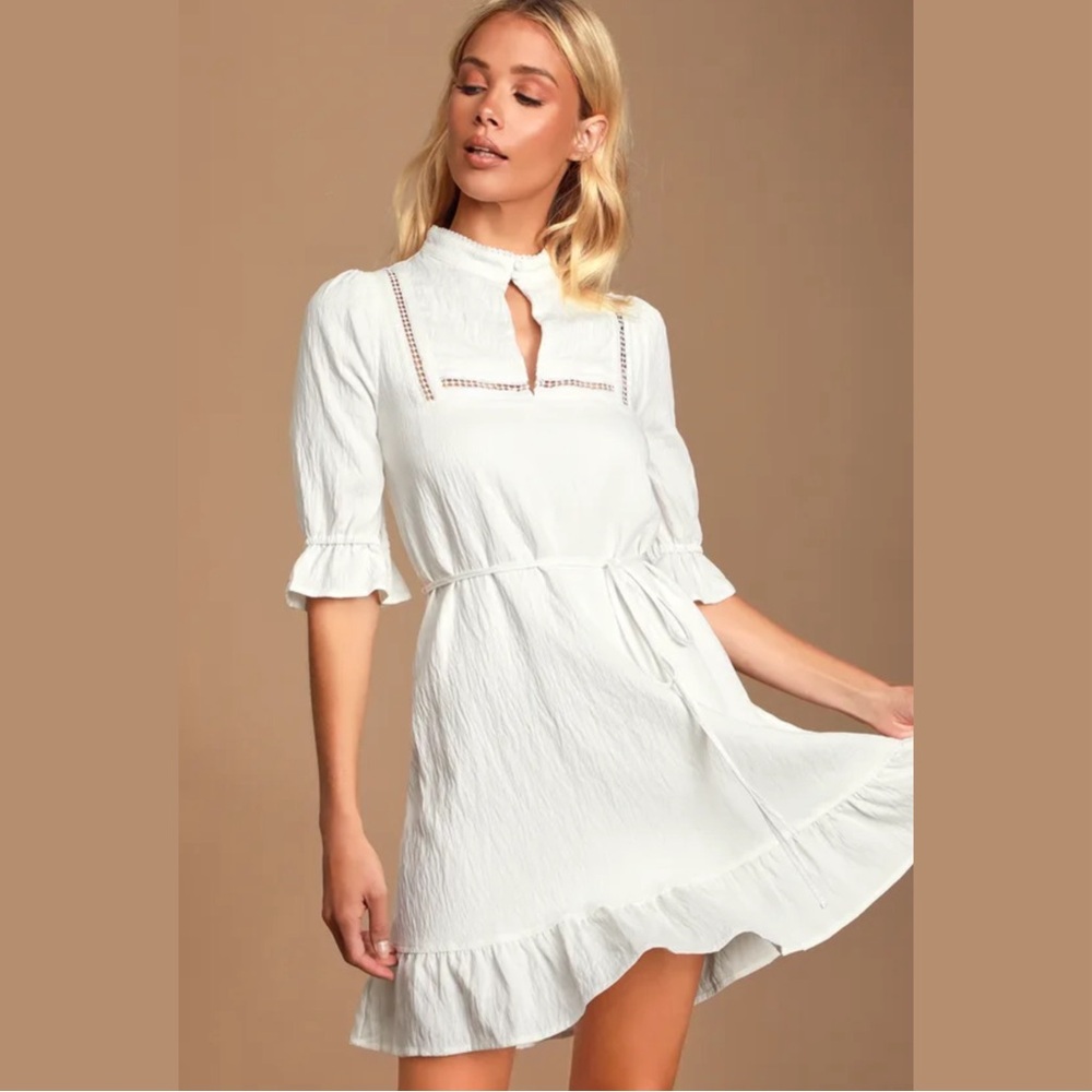 Lulus Dearest Love White Mock Neck Ruffled Mini Dress (Small)